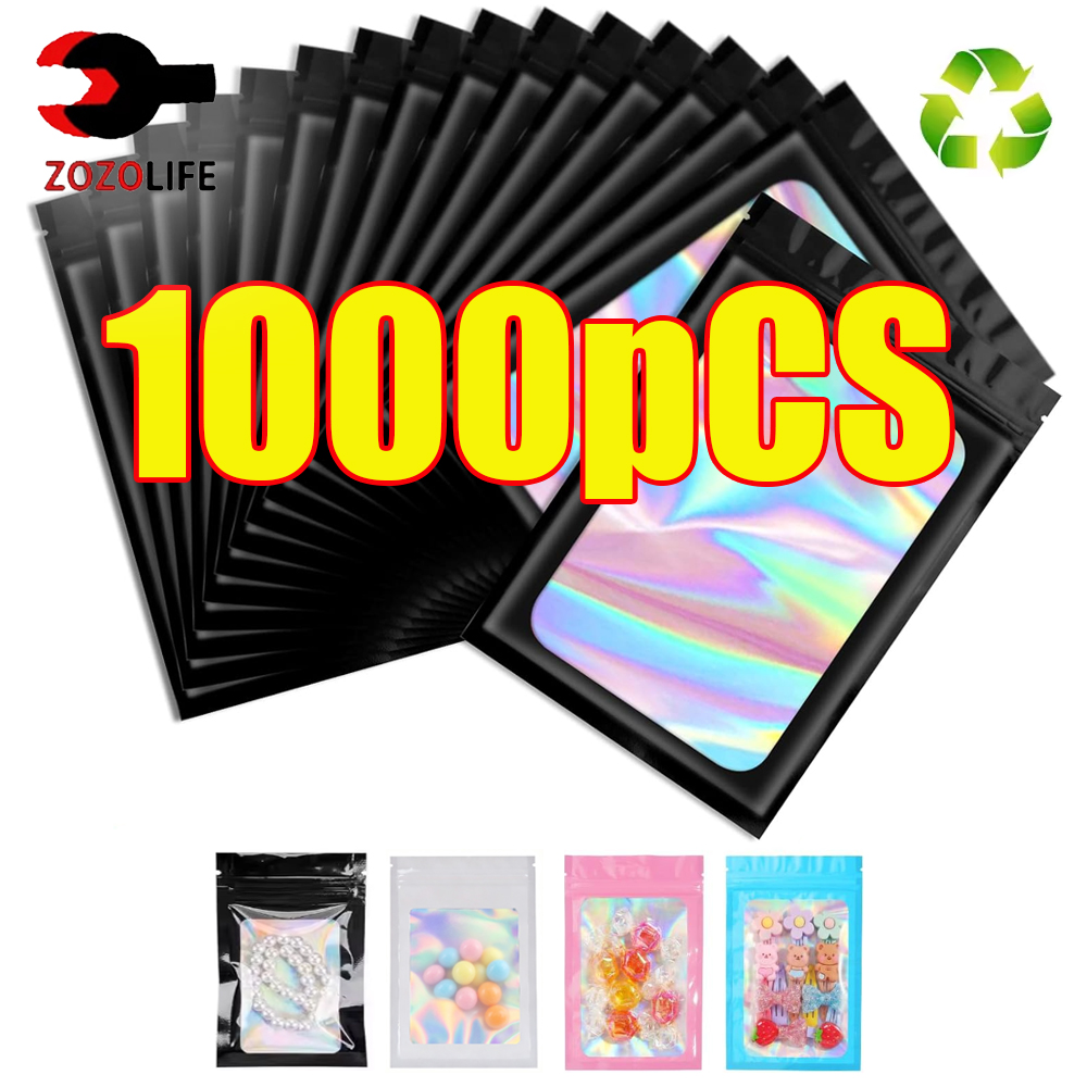 Food Z - 10-1000Pcs Holographic Ziplock Bag Black Plastic